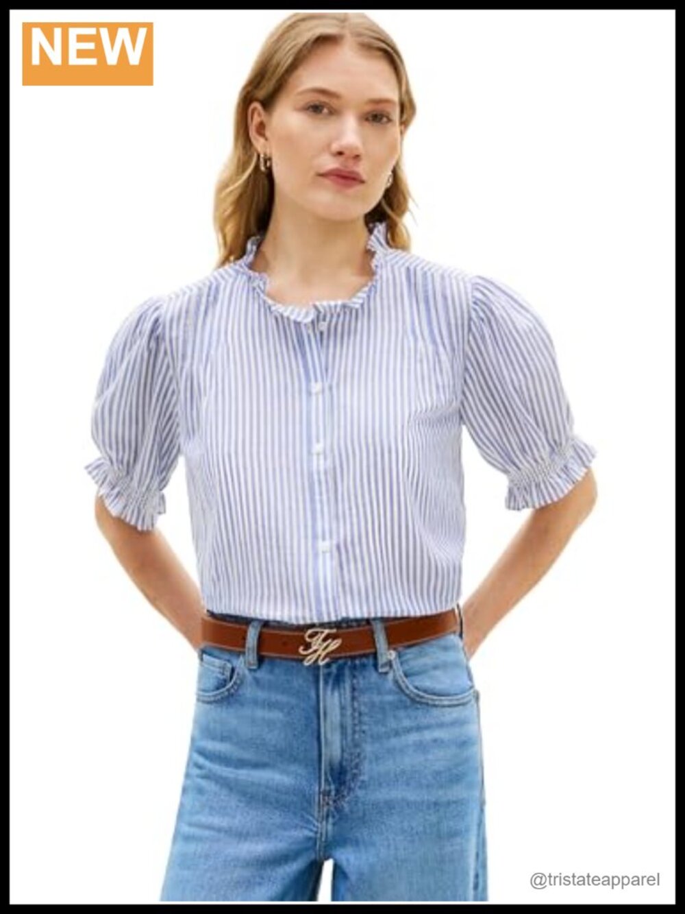 Women's Short Sleeve Cotton Blouse with Puff Sleeves